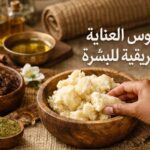 زبدة الشيا الخام والدلكة السودانية والأعشاب الطبيعية في أوعية خشبية، مع يد تمسك الزبدة، تمثل طقوس العناية الإفريقية للبشرة